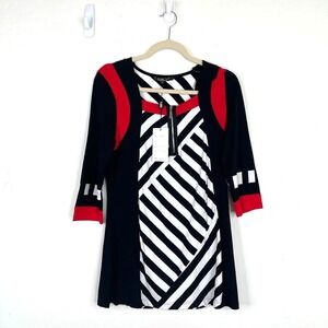 NEW‎ Lior Abstract Artsy Striped Jersey Stretch Tunic Top Parisian Black Small